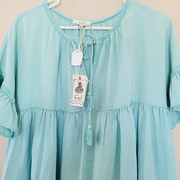Easel Short Sleeve Top Size Small 100% Tencel Ruffle Boho Oversized Tassel Teal - Picture 2 of 8